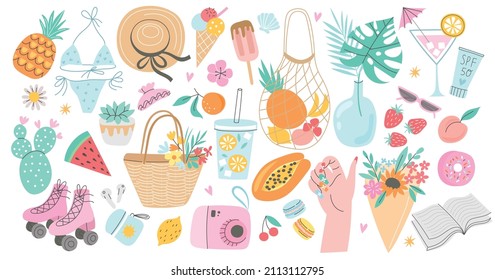 Summer elements set. Modern summertime lifestyle illustration