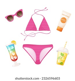 Elementos de verano. Trato de baño, gafas de sol, protección solar, bebidas de verano.
