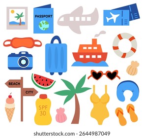 Summer Elements set. Tropical vacation on beach collection. Vector illustration.