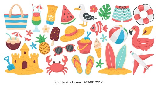 Summer elements set. Summer vacation, holiday, travel, vacation, objects. Flat style vector hand drawn illustration
