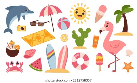 Summer elements stickers vector set. Flamingo, dolphin and ice cream. Sunglasses, sunscreen and summer lounge mat. Crab and shell, starfish. Cartoon collection isolated on white background