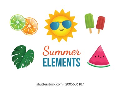 summer elements - sun with sunglass, watermelon, lemon, popsicle and leaf - vector - isolated