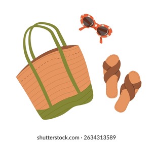 Summer elements, travel, beach, summertime accessory. Summer beach bag, sunglasses, slippers flat vector cartoon illustration set isolated on white background. Summer vacation, journey or trip