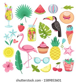 Summer elements. Tropical vacation stickers. Flamingo, ice cream and pineapple, leaf and cocktail, parrot and beach hat, starfish vector set