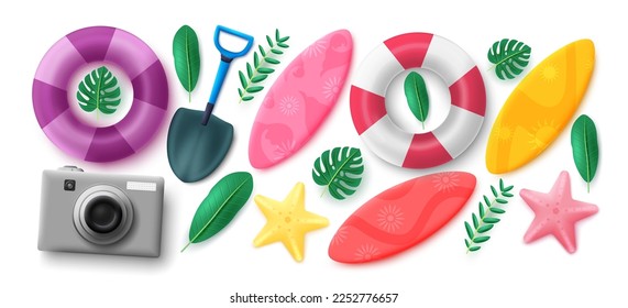 Diseño vectorial de elementos de verano. Objetos de playa de verano como el flotador, la tabla de surf, la pala y la cámara aisladas de fondo blanco. Colección de elementos de verano de ilustración vectorial. 
