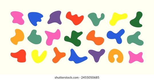 Summer elements for vector kids collage. Cutout Matisse-inspired blob shape kit. Collection of 21 quirky free form vibrant vintage colored cut out irregular shapes. Childish freeform stain stickers