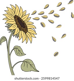 Summer Elements Vector Set   Beach, Tropical and  Seasonal Icons for Designs, Sunflower with Falling Petals   Artistic Vector Design, Falling Petals Sunflower  Golden Botanical Art, Dynamic Sunflower