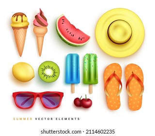 Summer elements vector set design. 3d realistic summer objects of ice cream, fruits, hat and flip flop isolated in white background for tropical season objects collection. Vector illustration.
