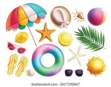 Summer elements vector set design. Summer beach elements collection like umbrella, hat, beachball, seashells, flipflop and sunglasses decoration elements. Vector illustration tropical season objects 