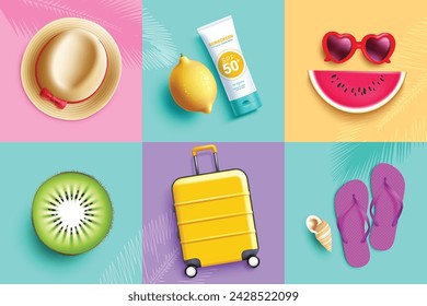 Summer elements vector set design. Summer element objects collection like hat, sunscreen, sunglasses, kiwi, luggage and flipflop collection for tropical season beach collection. Vector illustration 