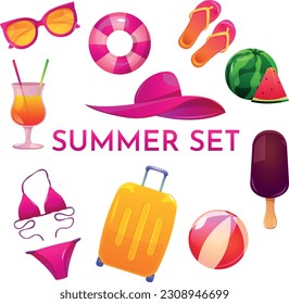 Summer elements vector set. Summertime poster, scrapbooking elements. Collection of summer vacation stuff. Summer stickers. Icons for tropical vacation.