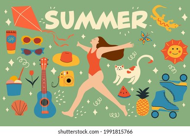 Сollection of summer elements. Summer vibes. Hand drawn vector illustration. All elements are isolated.