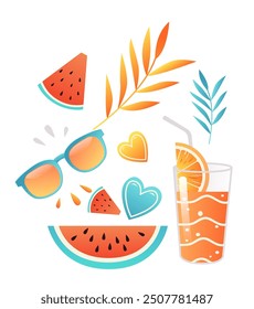 Summer elements watermelon slices sunglasses tropical leaves hearts orange juice