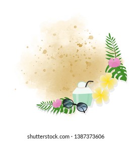 summer elements wreath frame on watercolor sand background