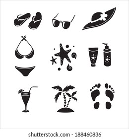 Summer elements for your design.  Flip-flops, sunglasses, hat, swimming suite, starfish, sunscreen, cocktail, palms, footprint