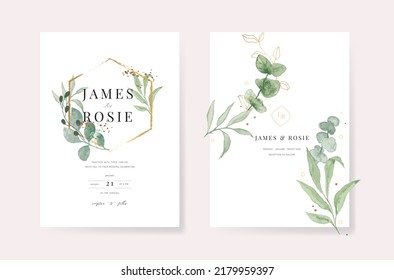 summer Emerald green Luxury Wedding Invitation, floral invite thank you, rsvp modern card Design in summer pink leaf and greenery branches decorative Vector elegant rustic template