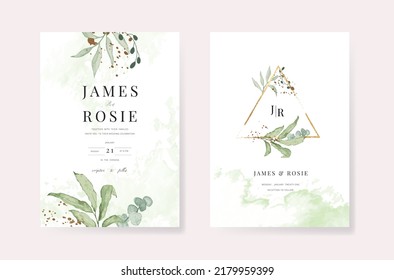 summer Emerald green Luxury Wedding Invitation, floral invite thank you, rsvp modern card Design in summer pink leaf and greenery branches decorative Vector elegant rustic template