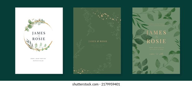 summer Emerald green Luxury Wedding Invitation, floral invite thank you, rsvp modern card Design in summer pink leaf and greenery branches decorative Vector elegant rustic template