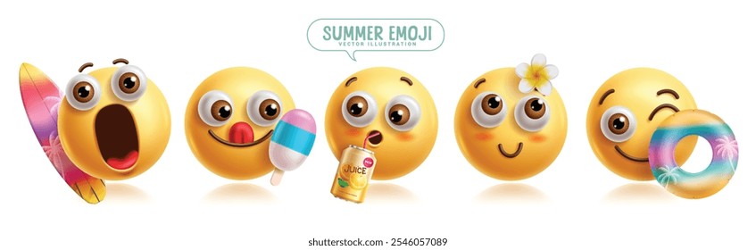 Summer emoji characters vector set. Emoji 3d clip art character in surfing, eating  popsicle, drinking and swimming beach traveler graphic elements. Vector illustration summer emoticons collection. 
