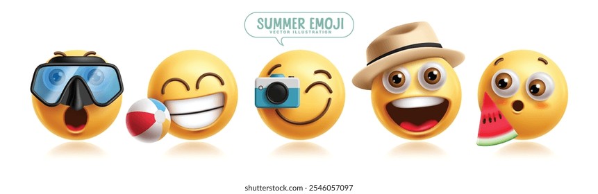 Summer emoji characters vector set. Emojis clip art in beach traveler, diving, snorkeling, tourist, adventure and swimming character collection. Vector illustration summer emoticons set. 
