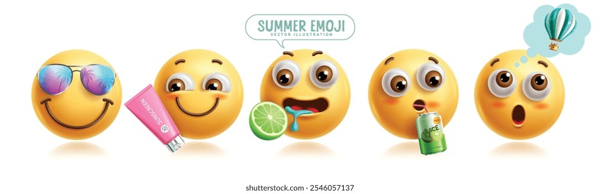 Summer emoji characters vector set. Emojis summer clip art character with sunglasses, sunblock, lime, drinking and thinking air balloons for tropical season graphic elements. Vector illustration 3d 