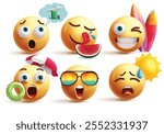 Summer emoji clipart characters set. Emojis 3d character summer collection with thinking airplane, eating water melon, surfing, swimming, sunglasses and sun beach graphic elements. Vector illustration