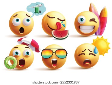 Conjuntos de caracteres de clipart de emojis de verão. Emojis 3d personagem coleção de verão com avião pensando, comendo melancia, surf, natação, óculos de sol e sol praia elementos gráficos. Ilustração vetorial