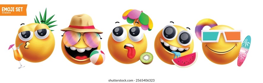 Summer emoji clipart characters set. Emojis yellow icon 3d character with beach elements and facial expressions for holiday season graphic design. Vector illustration summer emoticons clip art 