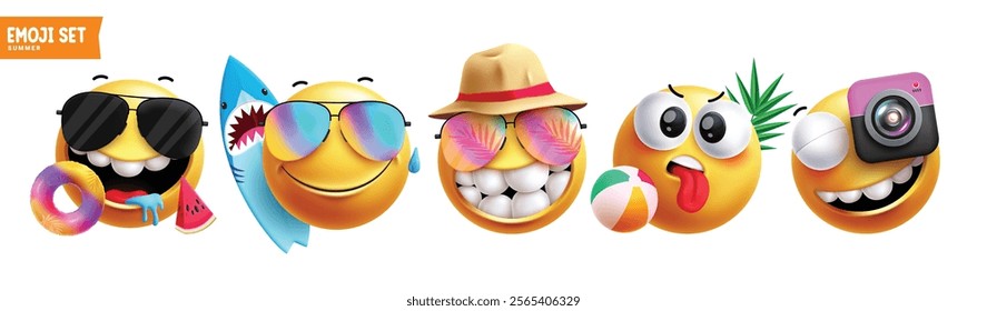 Summer emoji clipart characters set. Emojis character wearing sunglasses, hat, beach elements with facial expressions for holiday season. Vector illustration summer emoticons clip art collection.
