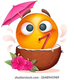 Summer emoji with coconut cocktail and tropical flowers on white background. Cheerful summer emoticon with cocktail straw and umbrella. Positive vibes, good mood, vacation, travel, holiday concept
