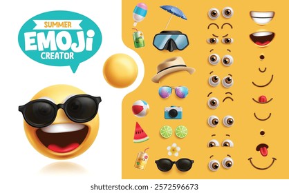 Summer emoji creation kit clipart set. Emoji summer character with cool happy face, head, eyes, mouth, sunglasses and beach graphic elements mock up collection. Vector illustration tropical emoticon 