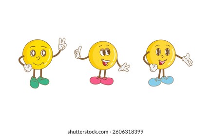 Summer emoji set, Sun emoji set, in style groovy, groovy faces, hands, legs, and shoes, retro style, in yellow, pink, blue, and green colors.