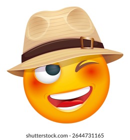 Summer emoji with straw hat on white background. Cheerful summer emoticon with happy smiling face shows joy. Positive vibes, good mood, vacation, travel, holiday concept