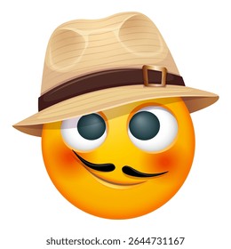 Summer emoji with straw hat on white background. Cheerful summer emoticon with happy smiling face shows joy. Positive vibes, good mood, vacation, travel, holiday concept