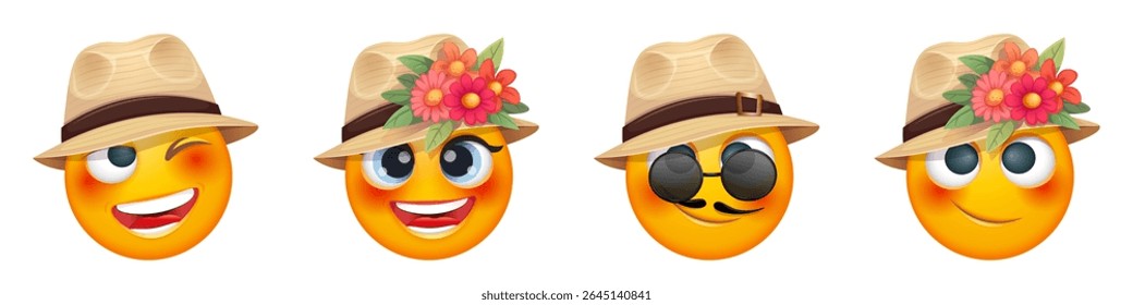 Summer emoji with straw hat, sunglass and tropical flowers on white background. Cheerful summer emoticon with happy smiling face shows joy. Positive vibes, good mood, vacation, travel, holiday concept