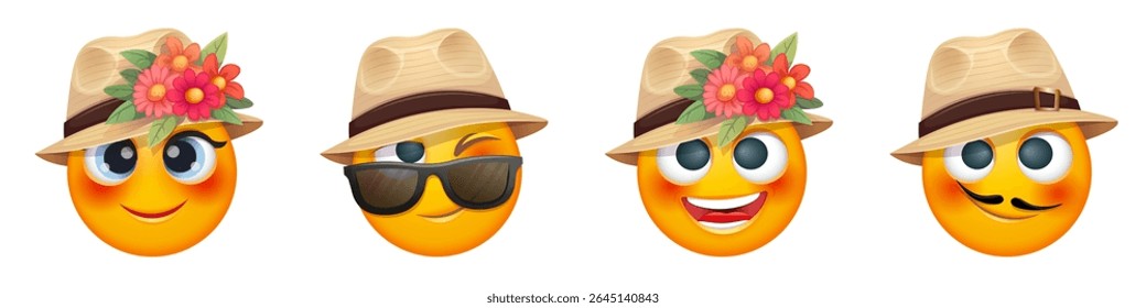 Summer emoji with straw hat, sunglass and tropical flowers on white background. Cheerful summer emoticon with happy smiling face shows joy. Positive vibes, good mood, vacation, travel, holiday concept