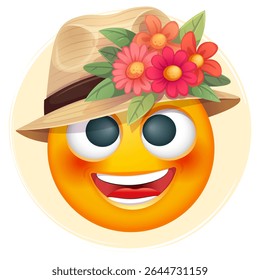 Summer emoji with straw hat and tropical flowers on white background. Cheerful summer emoticon with happy smiling face shows joy. Positive vibes, good mood, vacation, travel, holiday concept