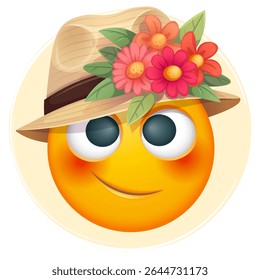 Summer emoji with straw hat and tropical flowers on white background. Cheerful summer emoticon with happy smiling face shows joy. Positive vibes, good mood, vacation, travel, holiday concept