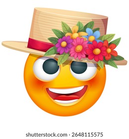 Summer emoji with with straw hat and tropical flowers on white background. Cheerful summer emoticon with happy smiling face shows joy. Positive vibes, good mood, vacation, travel, holiday concept
