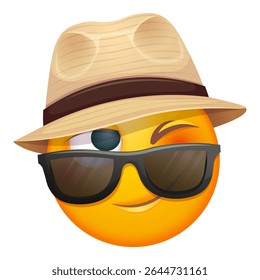 Summer emoji with sunglasses and straw hat on white background. Cheerful summer emoticon with happy smiling face shows joy. Positive vibes, good mood, vacation, travel, holiday concept