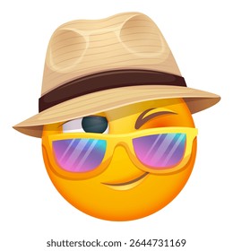 Summer emoji with sunglasses and straw hat on white background. Cheerful summer emoticon with happy smiling face shows joy. Positive vibes, good mood, vacation, travel, holiday concept