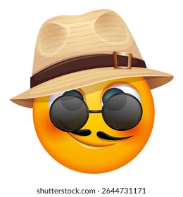Summer emoji with sunglasses and straw hat on white background. Cheerful summer emoticon with happy smiling face shows joy. Positive vibes, good mood, vacation, travel, holiday concept