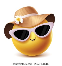 Summer emoji vector character. Summertime clipart costume in cool and cute smile wearing sunglasses and hat elements in white background. Vector illustration summer outfit clip art emoji.
