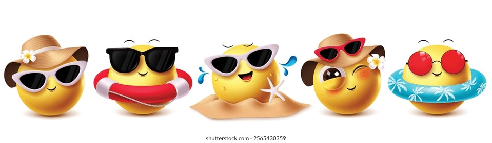 Summer emoji vector characters set. Emojis outfit summertime clip art wearing hat and sunglasses beach elements with floaters facial expressions for tropical holiday season. Vector illustration summer