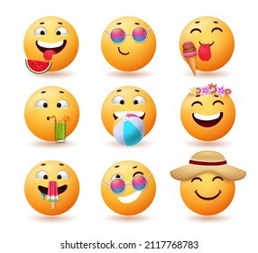 Diseño del conjunto de vectores de emoji de verano. Emojis emoticono en caras graciosas y lindas con objetos de vacaciones de verano para la colección de personajes de emoticonos de temporada tropical. Ilustración vectorial.
