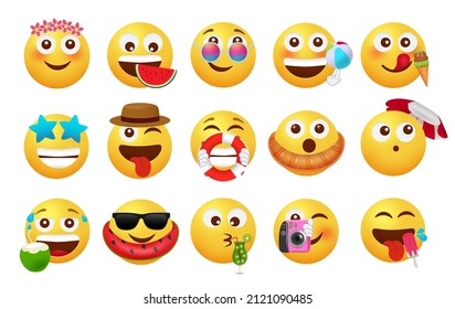 Summer emoji vector set design. Emojis character in happy and cute faces with floater, fruits and camera summer objects for tropical season emoticons characters collection. Vector illustration.
