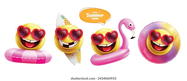 Conjunto de vectores de emojis de emoticonos de verano. Emojis de verano en divertidas y lindas gafas de sol, flotadores, flamenco y elementos de playa de tabla de surf para la colección de emoticonos de temporada tropical. Ilustración de vector 