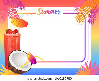 Summer empty frame with coconut and sweet cocktail. Bright blank framework with palms and summer natural tropical drinks cartoon vector illustration.