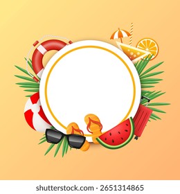 Summer. Empty round frame with summer elements. Vector 3d illustration