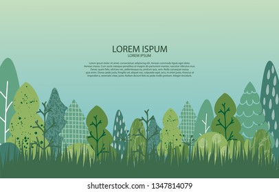 Summer end spring trees flat background. Simple and cute landscape for your design. Cartoon style.